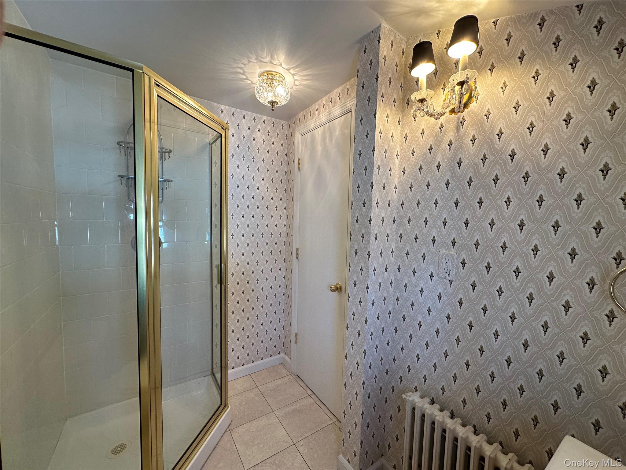 197 Johnson Road Scarsdale, NY 10583 - Photo 31 of 36 Bathroom featuring a shower with door, radiator, and tile patterned flooring