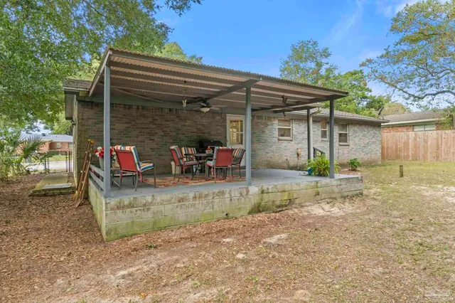 front view of a house with a patio