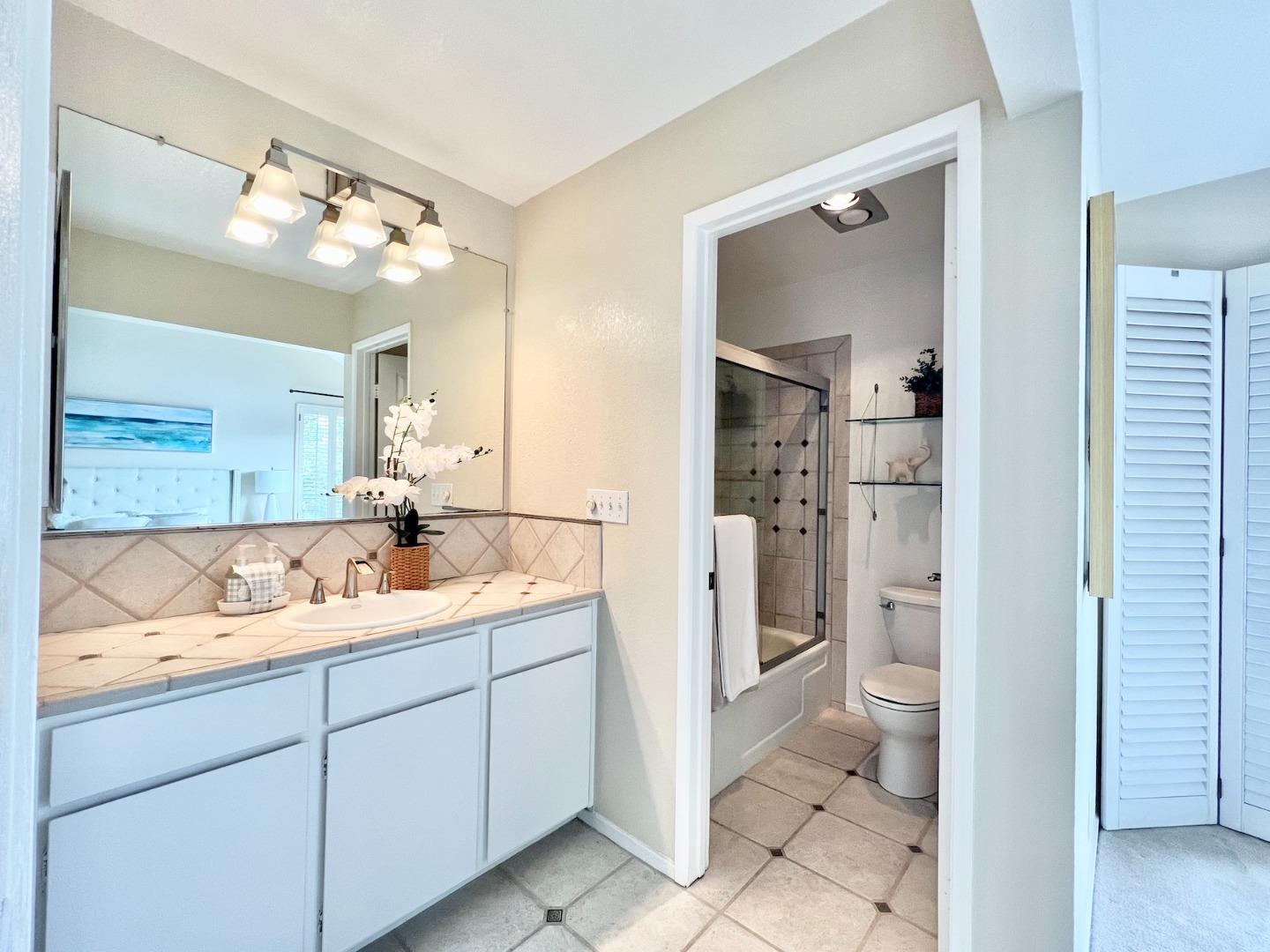 834 Wharfside Road San Mateo, CA 94404 - Photo 23 of 36 a bathroom with a sink a toilet a large mirror and shower