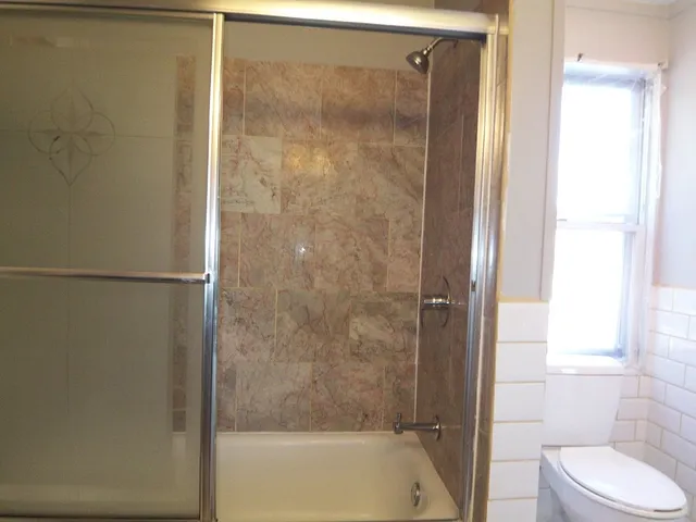 a bathroom with a shower and a toilet