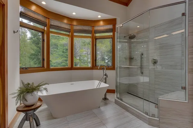 a bathroom with a bathtub and a shower