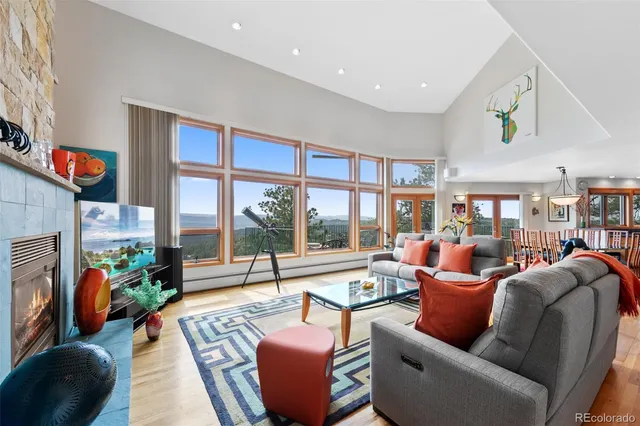 a living room with furniture a fireplace and a floor to ceiling window