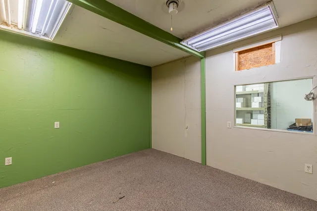 a view of a storage room with shelves