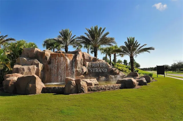 a palm of water that has lawn chairs under an umbrella with palm trees