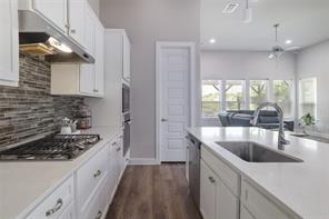 601 C-Bar Ranch Trail, Unit 51 Cedar Park, TX 78613 - Photo 33 of 33 Kitchen featuring white cabinetry, under cabinet range hood, stainless steel appliances, dark wood-style flooring, and open floor plan
