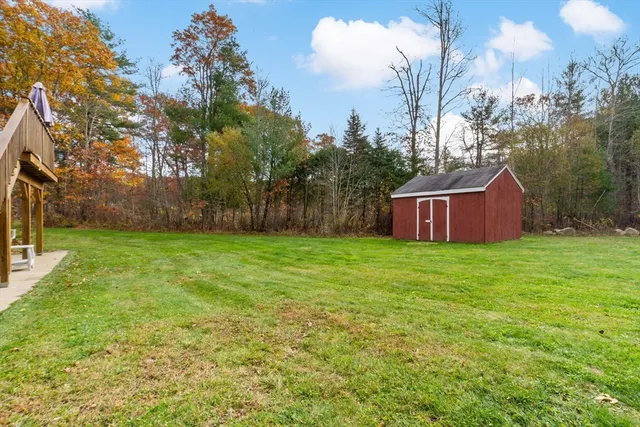 a view of a backyard with large trees