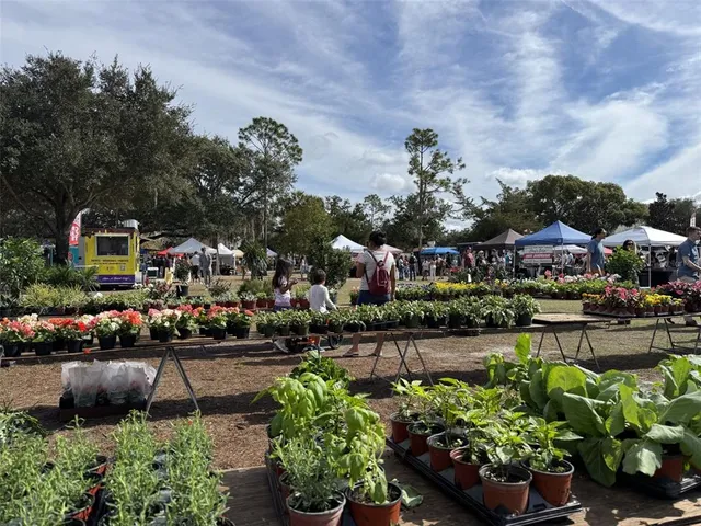 a city view with lots of trees and flowers