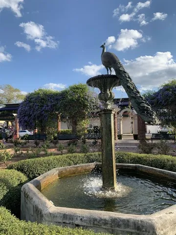 a view of a fountain in front of a house