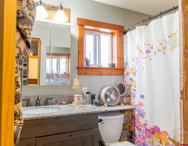 a bathroom with a sink a mirror and a shower curtain