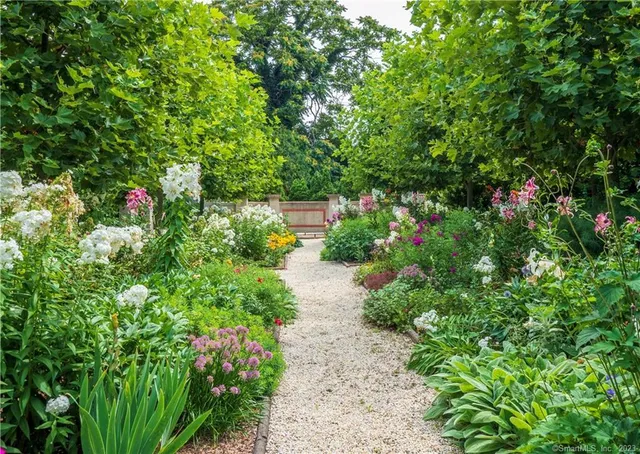 a backyard of a house with lots of green space and trees all around