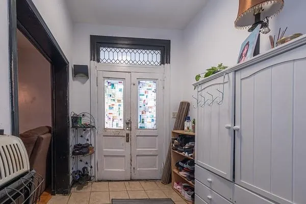 a view of a hallway with a workspace