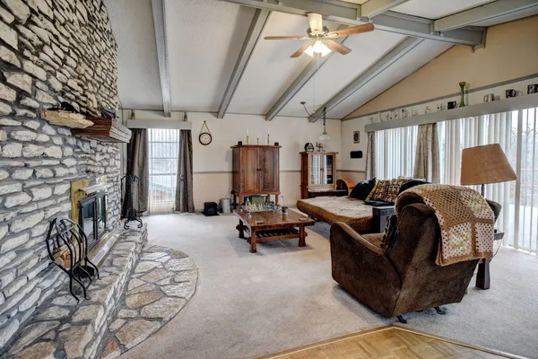 a living room with furniture and a fireplace