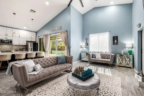 a view of a dining room with furniture