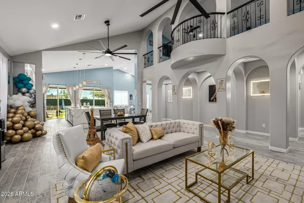 a living room with fireplace