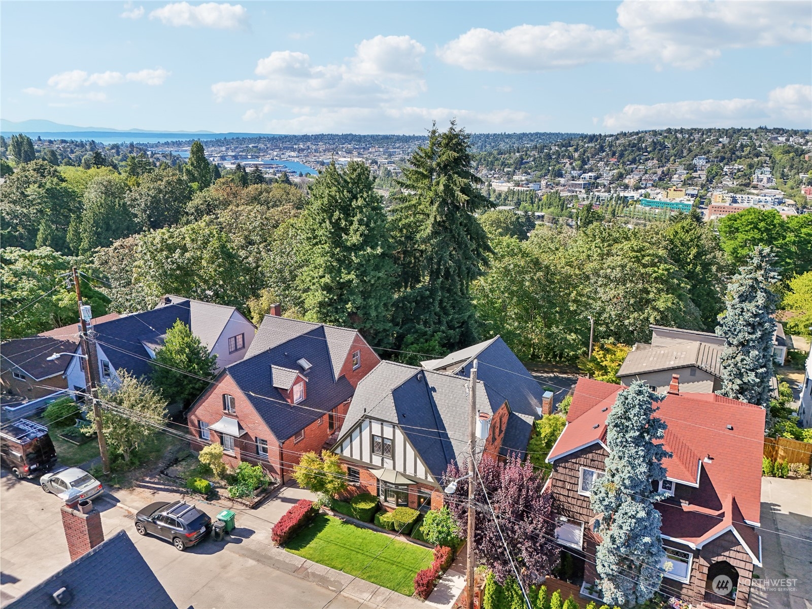 314 Halladay Street Seattle, WA 98109 - Photo 35 of 37 an aerial view of a house with a yard and lake view in back