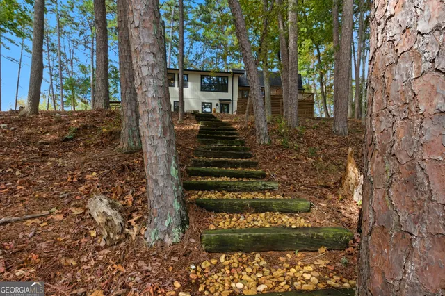 an aerial view of a house with a yard