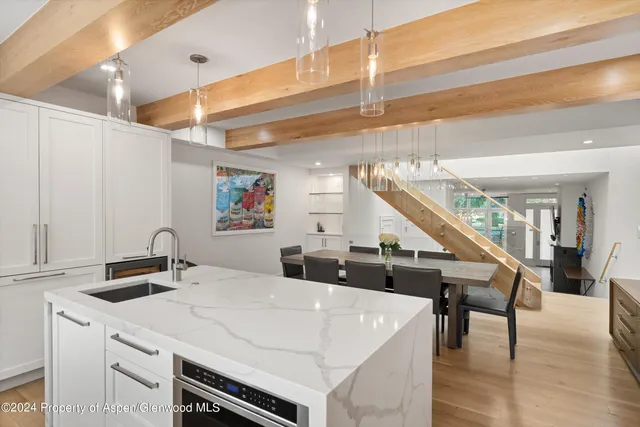 a view of a dining room with furniture