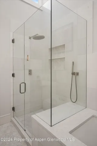 a bathroom with a bathtub and a shower
