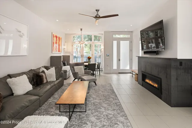 a living room with furniture and a fireplace
