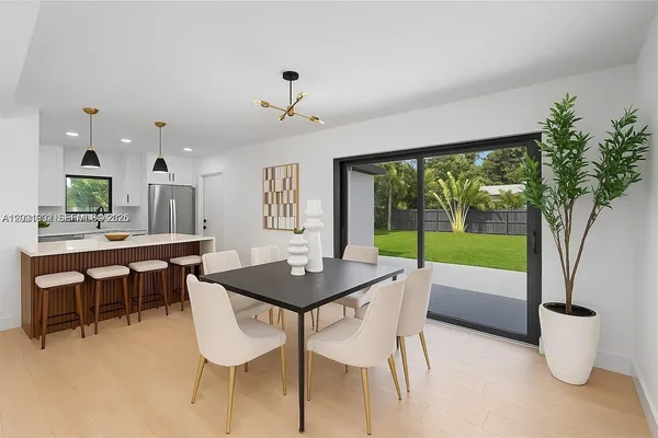 a view of a dining room with furniture window and outside view