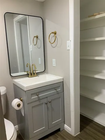 a bathroom with a sink and mirror with toilet