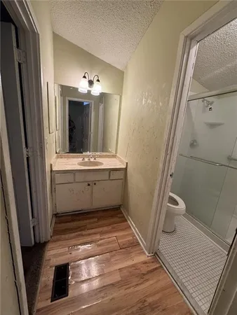 a bathroom with a sink a toilet and a mirror