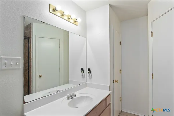 a bathroom with a sink and a mirror