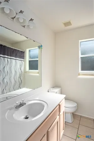 a bathroom with a sink a toilet and mirror