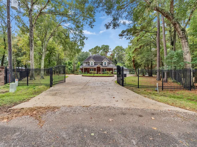 a view of a park with large trees