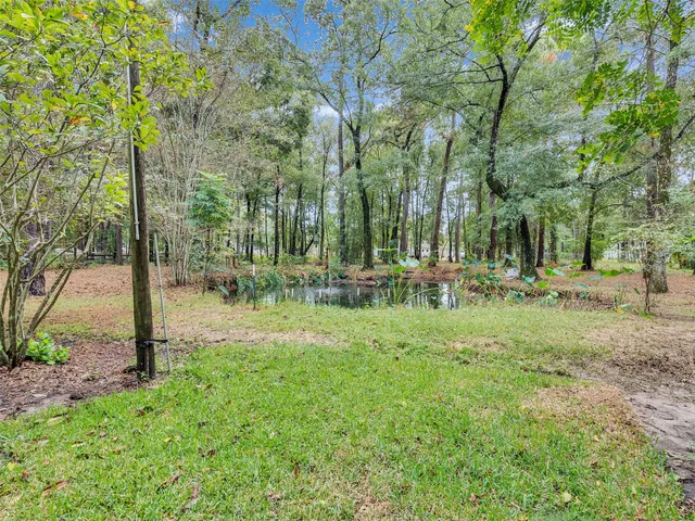 a backyard of a house with lots of green space and fountain