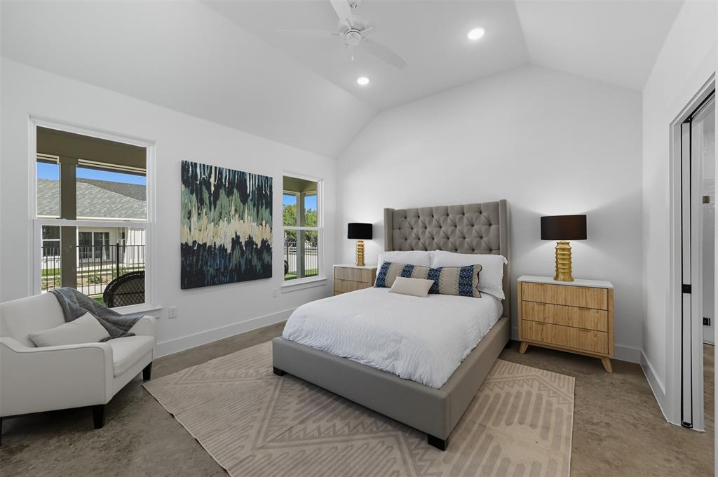 104 Cardinal Wds Granbury, TX 76049 - Photo 15 of 23 Bedroom with lofted ceiling, recessed lighting, ceiling fan, and concrete flooring