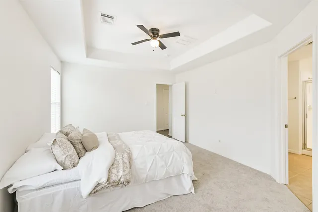 a bed room with a bed and a ceiling fan