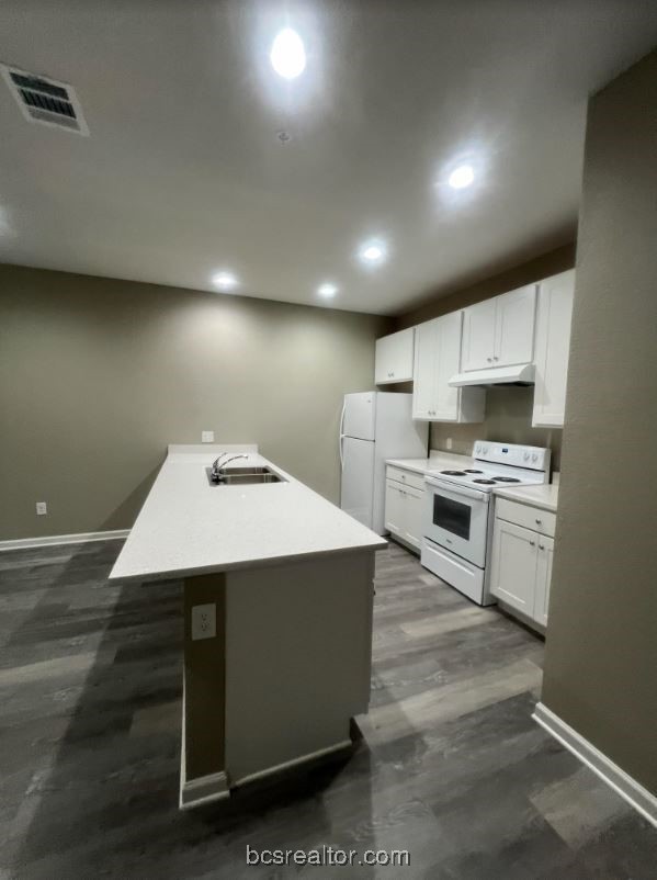 1305 West Villa Maria Road, Unit D105 Bryan, TX 77801 - Photo 4 of 20 a kitchen with kitchen island a sink dishwasher stove and white cabinets