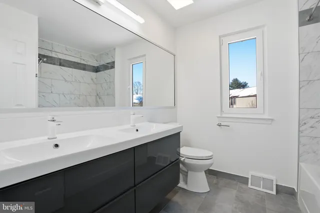 a bathroom with a double vanity sink toilet and mirror