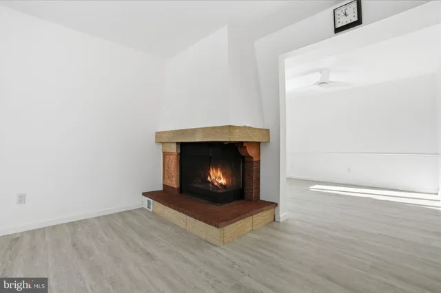a room with a fireplace