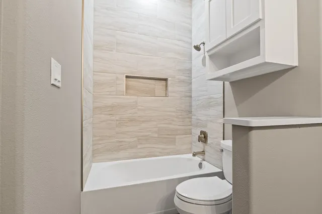 a bathroom with a toilet and a bathtub