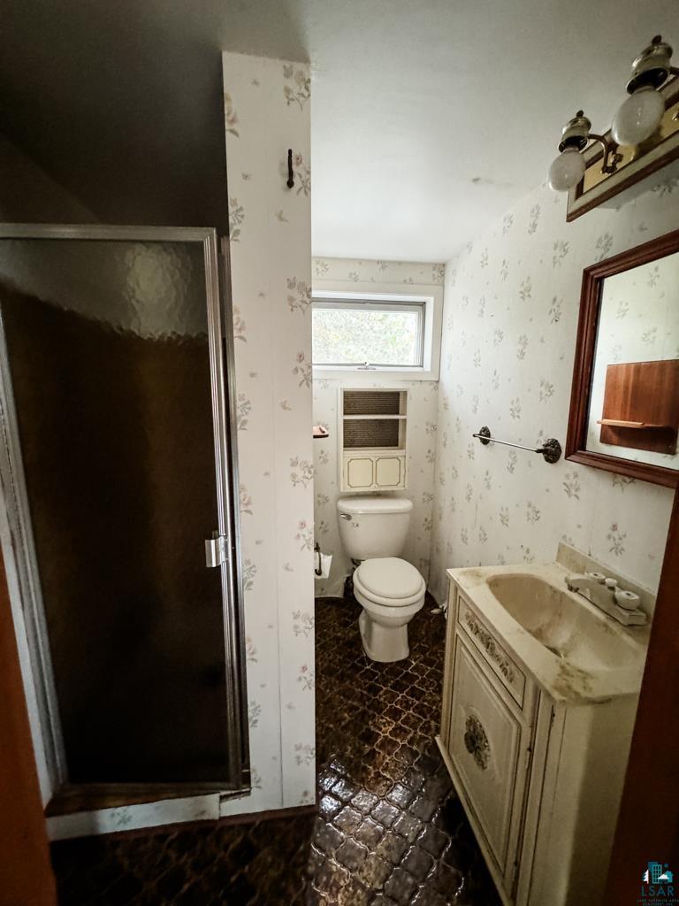 N13431 County Line Road Minong, WI 54859 - Photo 38 of 42 Bathroom featuring vanity, a shower with shower door, and toilet