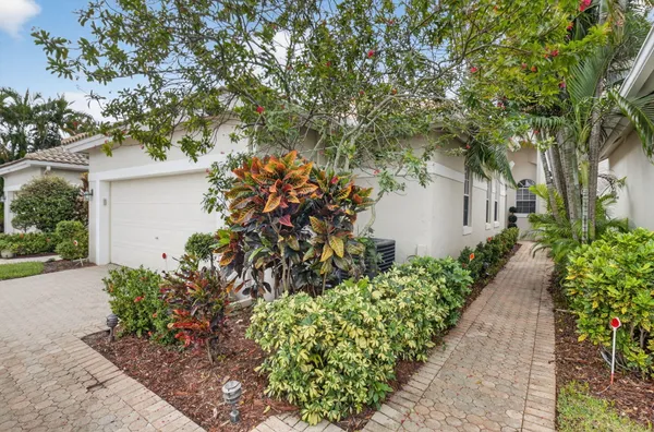 a backyard of a house with a garden and plants