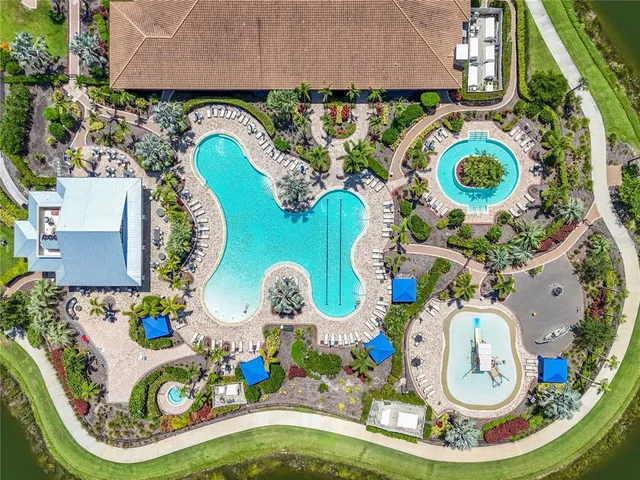 an aerial view of a swimming pool a yard and plants