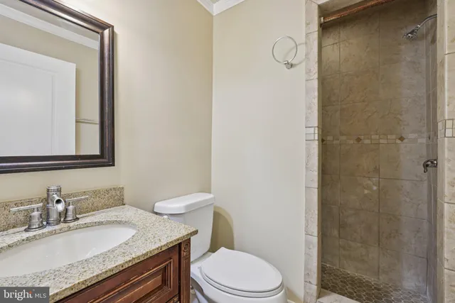 a bathroom with a granite countertop sink toilet a mirror and shower