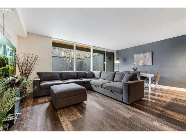 a living room with furniture a wooden floor and a potted plant