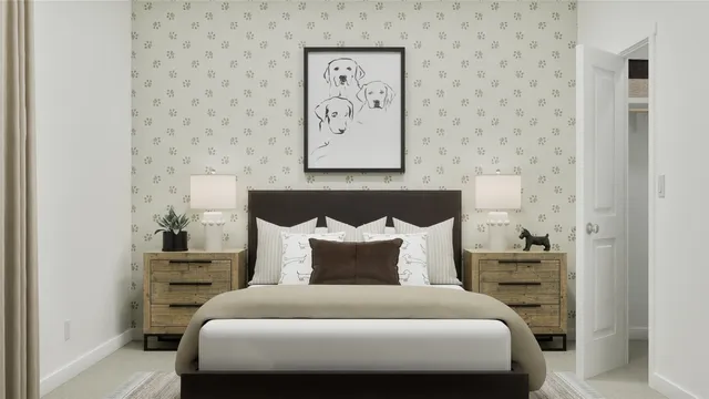 a bedroom with a bed and a painting on the wall