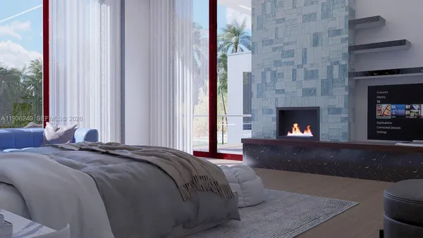 a bedroom with a bed and couch