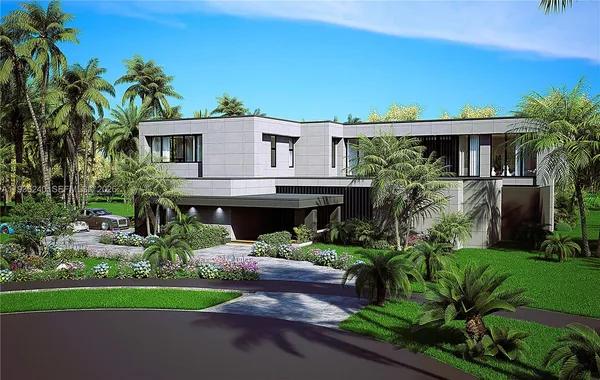 a front view of a house with a yard and potted plants