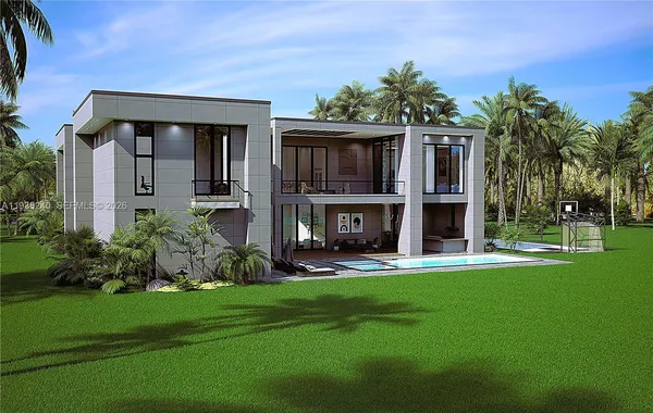 a view of a house with a yard potted plants and a table