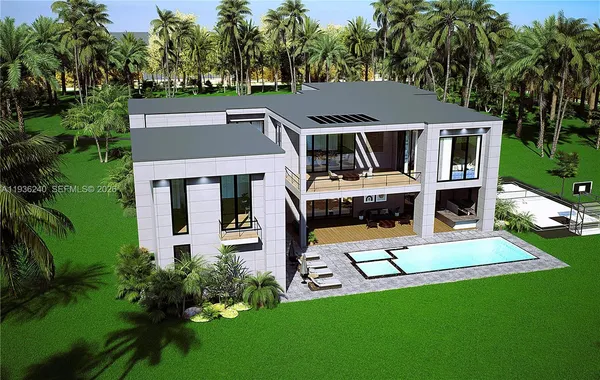 an aerial view of a house with swimming pool garden view and trees