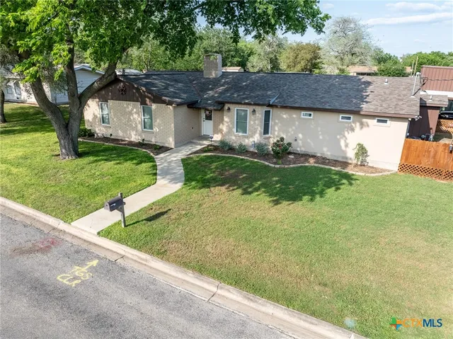 a view of a house with backyard and a tree