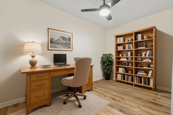 a workspace with a bookshelf