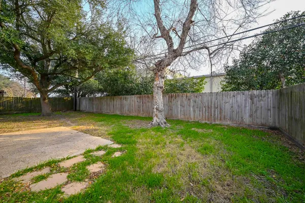 a view of a backyard with large trees and wooden fence