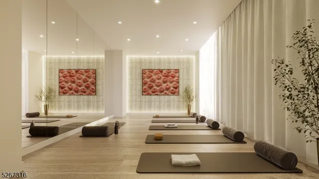 a lobby with a couch and a rug